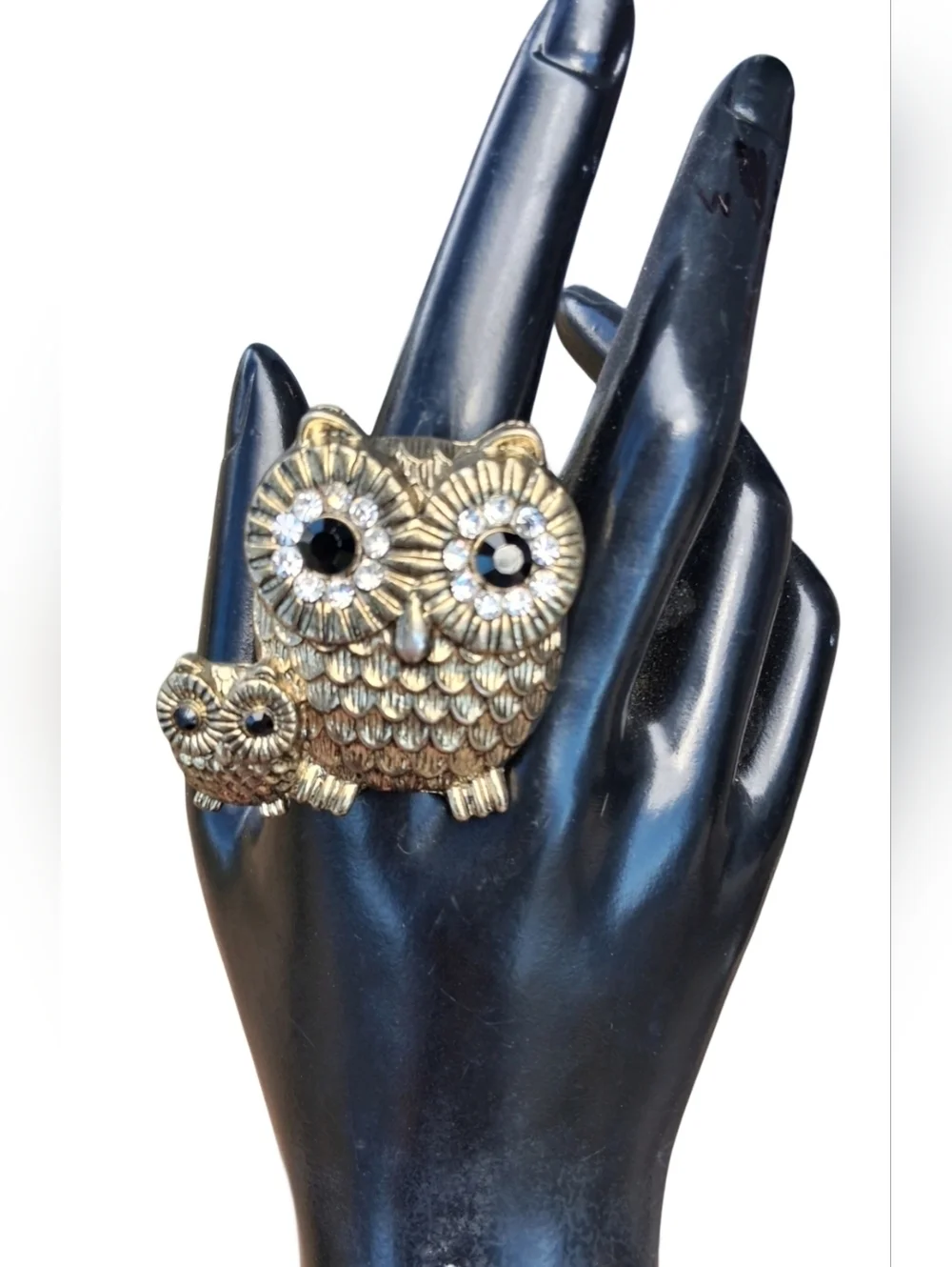 Vintage Owl Mother & Baby Statement Stretch Ring - Gold Tone Rhinestone